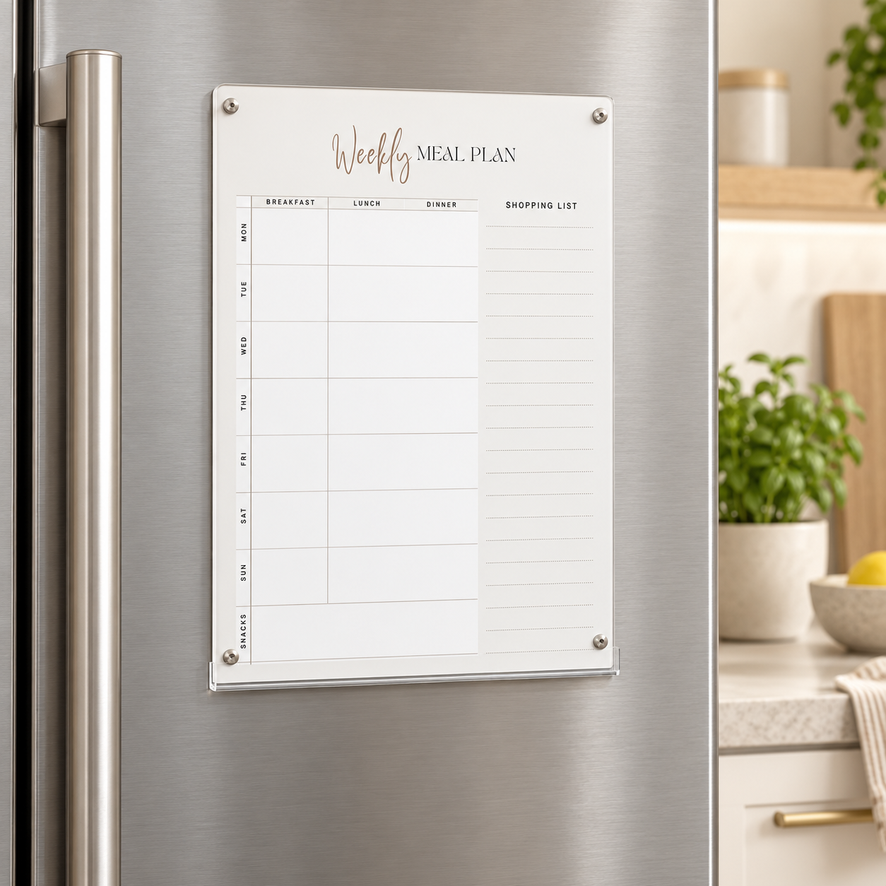 Custom MUKA weekly meal planner mounted on a stainless steel fridge with silver stand-off pins