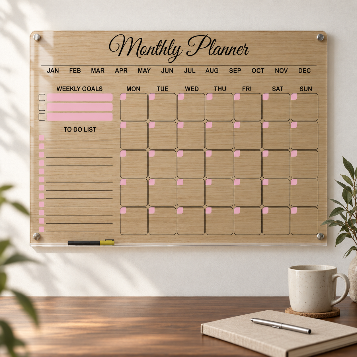 Custom acrylic monthly wall planner with weekly goals and to-do list