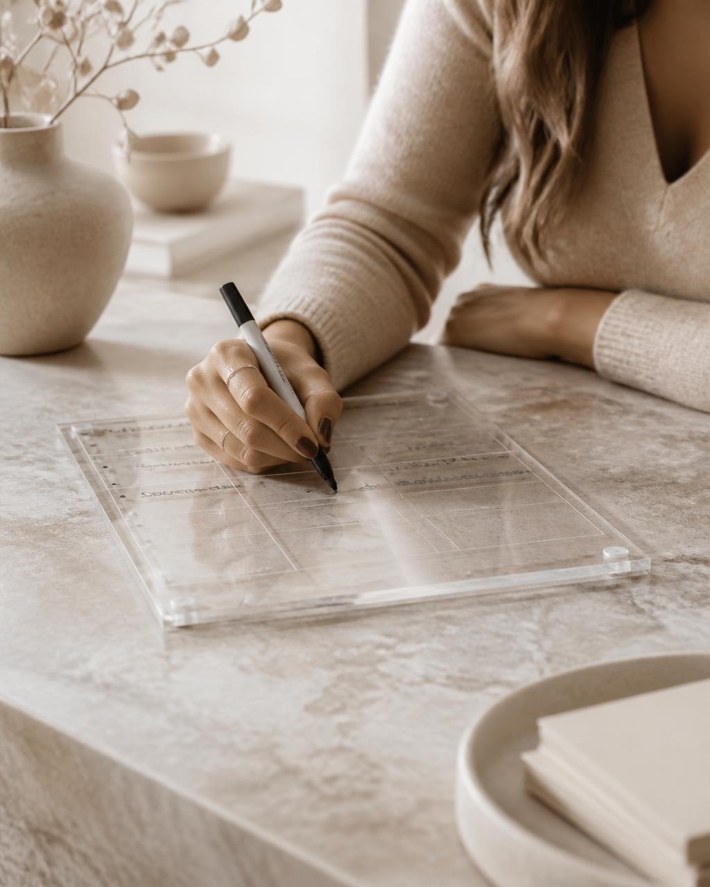 Hand writing on a MUKA acrylic weekly planner