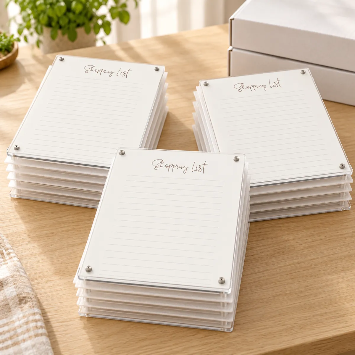 Stacks of branded MUKA acrylic shopping list planners ready for corporate gifting