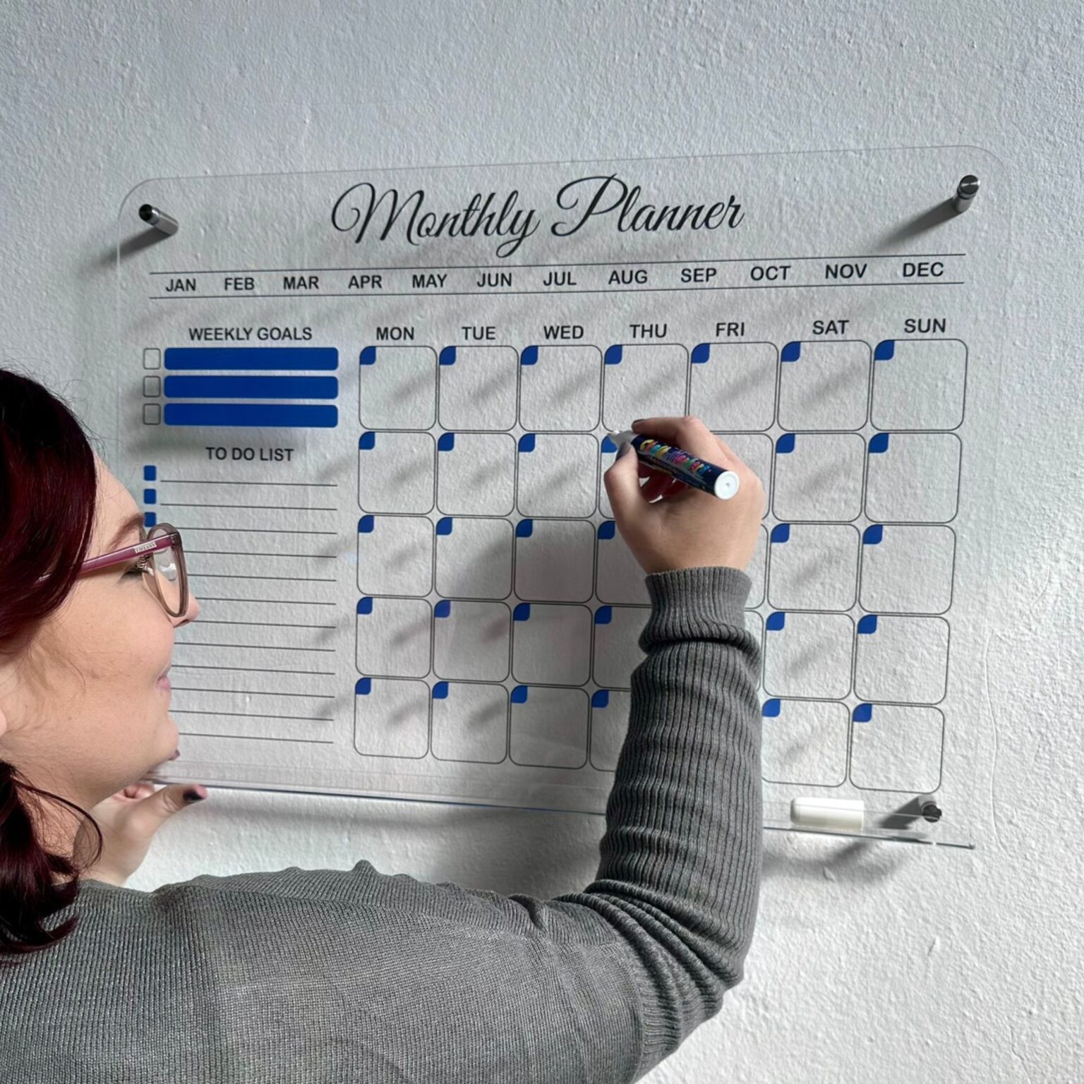 Monthly planner with blue accents mounted on a wall