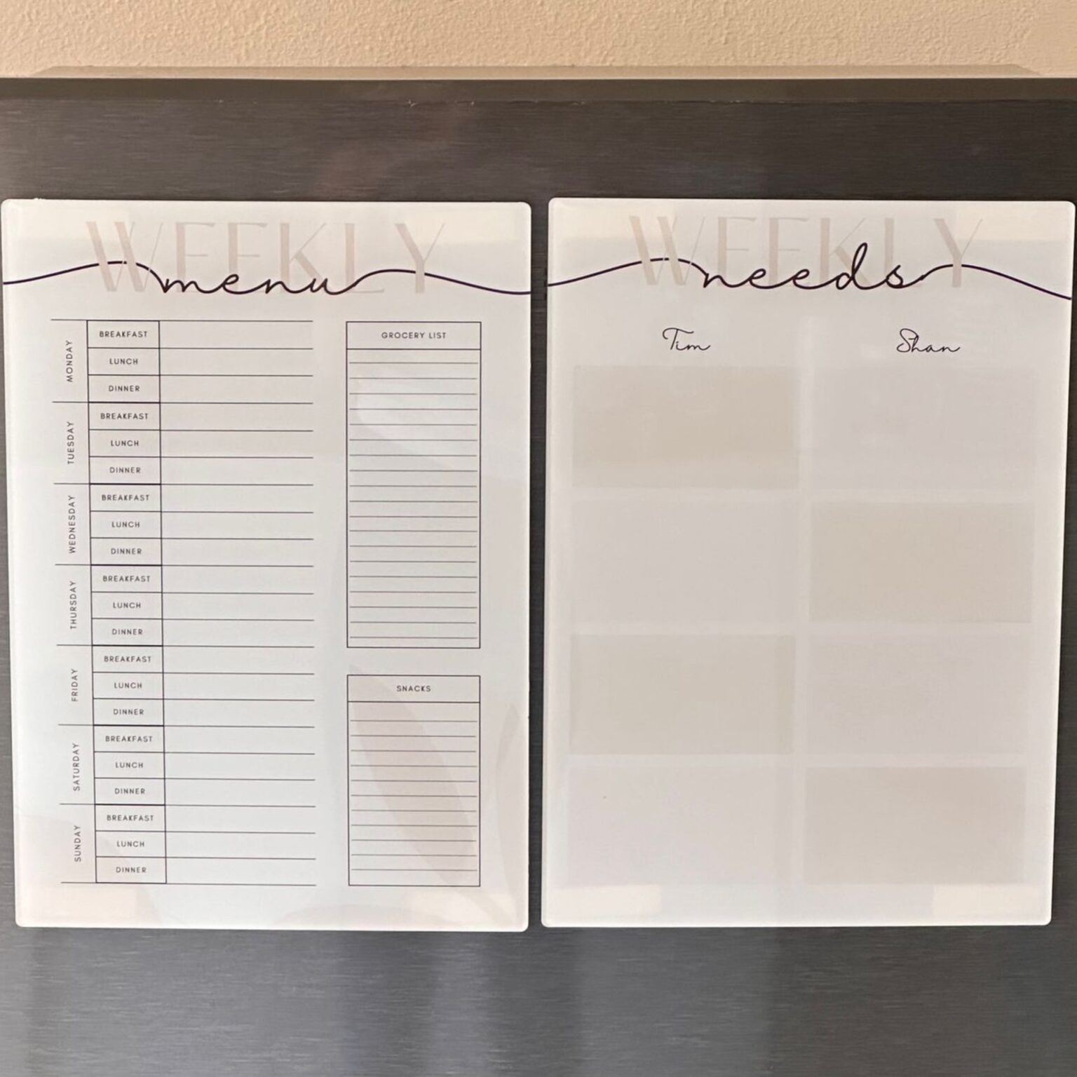 Weekly menu and weekly needs board pair